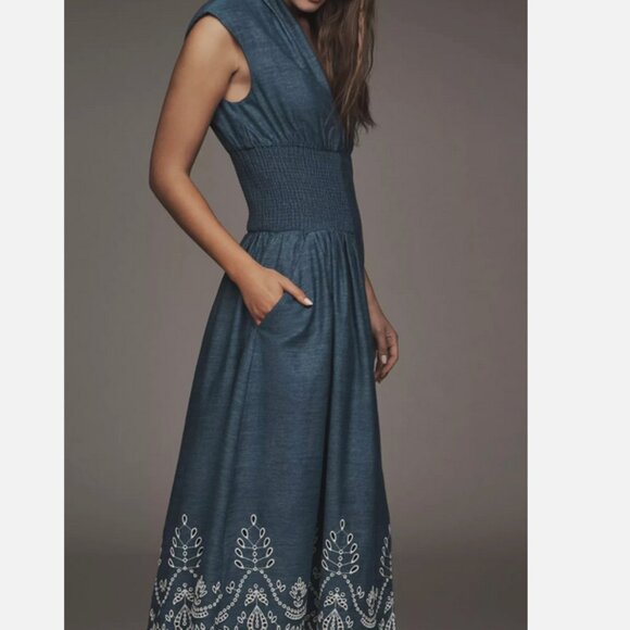 Anthropologie The Tommie Denim Chambray Zip Front Eyelet Trim Dress 2X NWT Blue - Picture 8 of 8